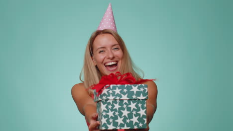 Smiling-woman-presenting-birthday-gift-box-stretches-out-hands,-offer-wrapped-present-career-bonus