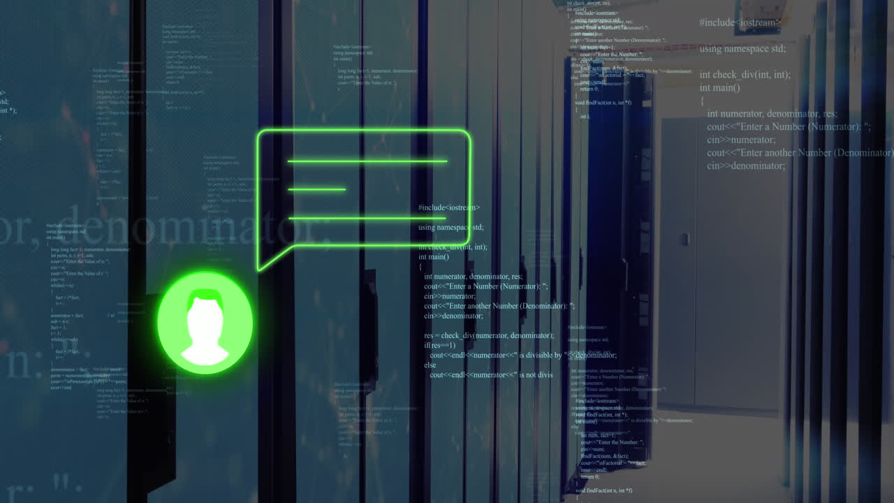 Animation of profile and message icons over data processing against computer server room