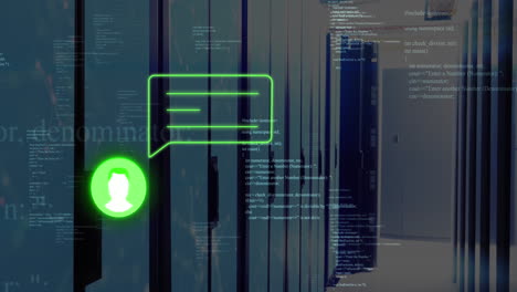 animación de íconos de perfil y mensajes sobre el procesamiento de datos contra la sala de servidores de computadoras