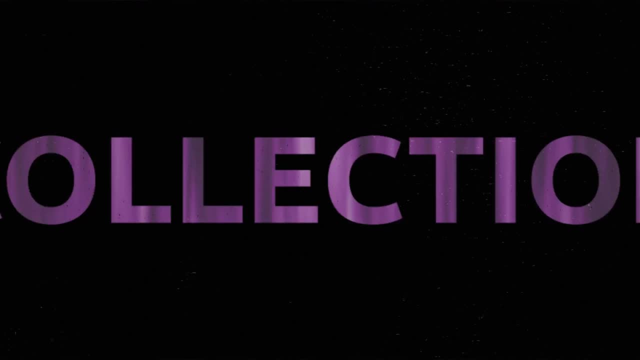 Animation of new collection in white text with pink crosses and green lines over purple texture