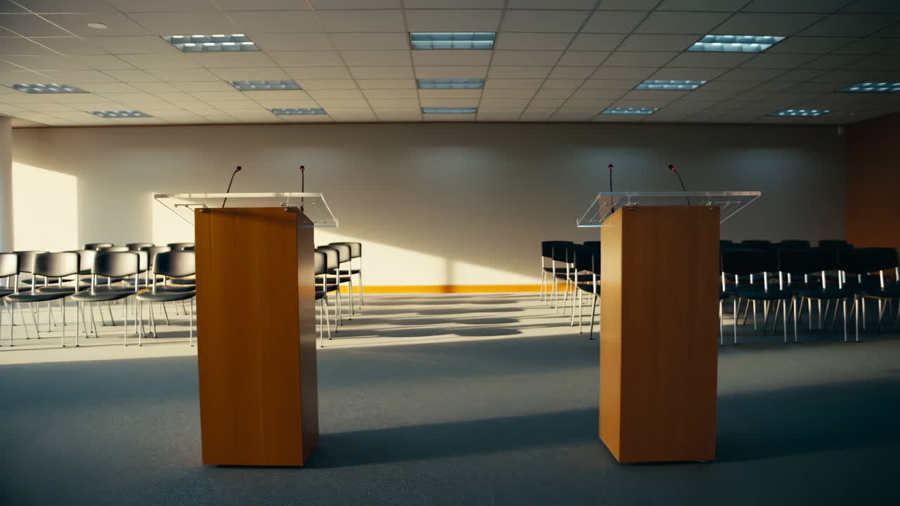 Empty Conference Room with Two Podiums and Chairs