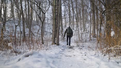 male hiker with backpack and winer gear walking into forest and up a hill along snow-covered trail