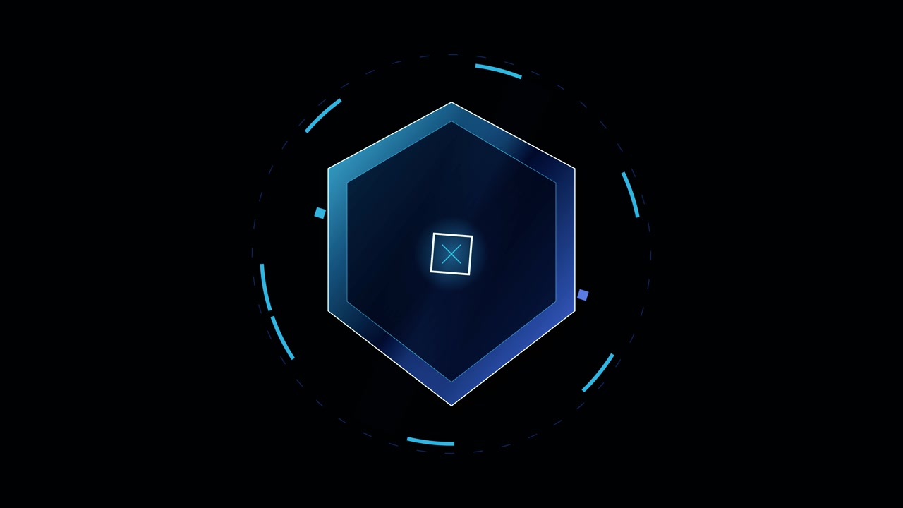 Rotierendes futuristisches hexagonales digitales Interface auf dunklem Hintergrund