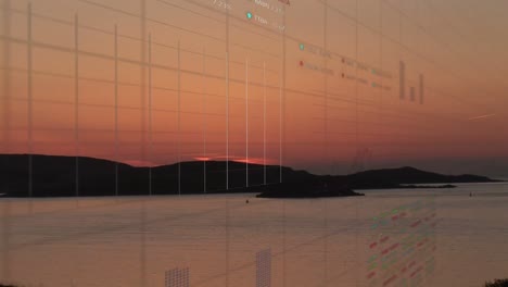 animación de gráficos en cuadrícula moviéndose sobre vista panorámica del mar y la montaña contra el cielo al atardecer