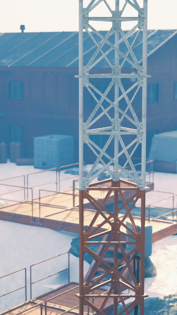 Snow covered remote research facility with a comm tower
