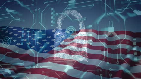 animation of padlock and data processing over flag of united states of america