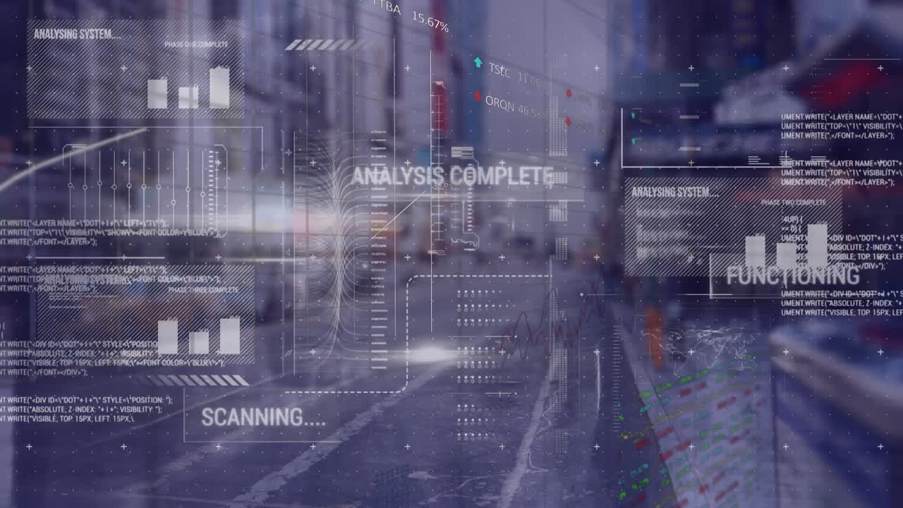 Animation of data processing over people walking on street