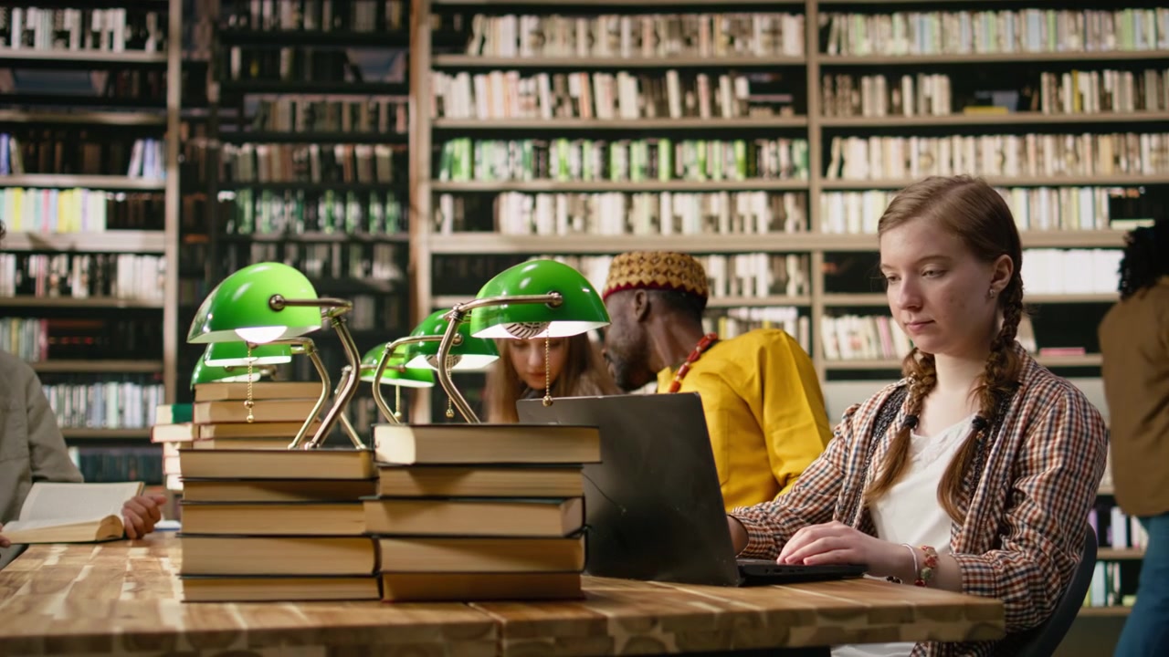 Young student working on laptop taking notes at library table with open book