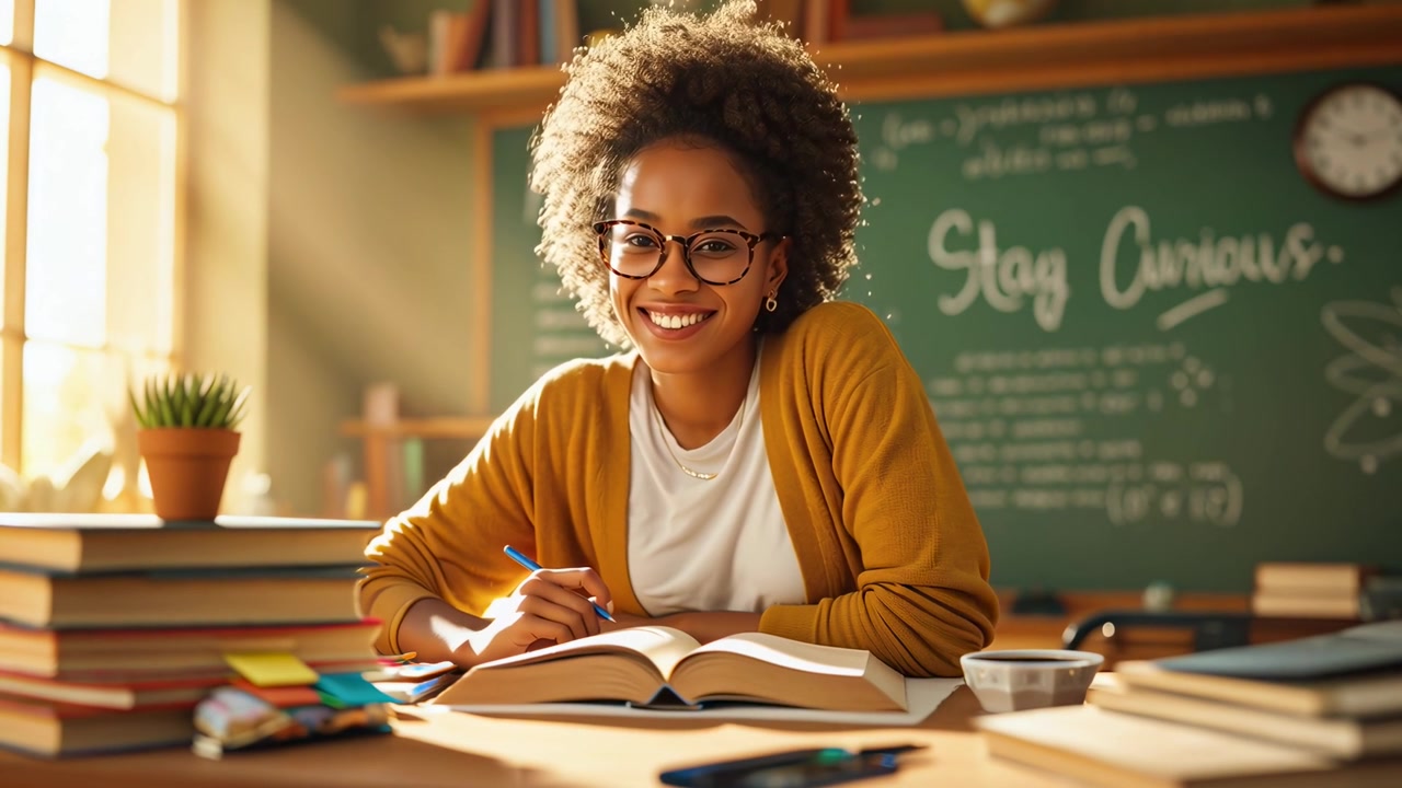 Smiling African American Woman Studying in a Classroom