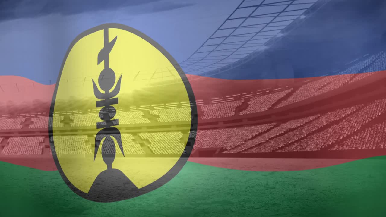 스포츠 경기장 위에 뉴칼레도니아의  ⁇ 발의 애니메이션