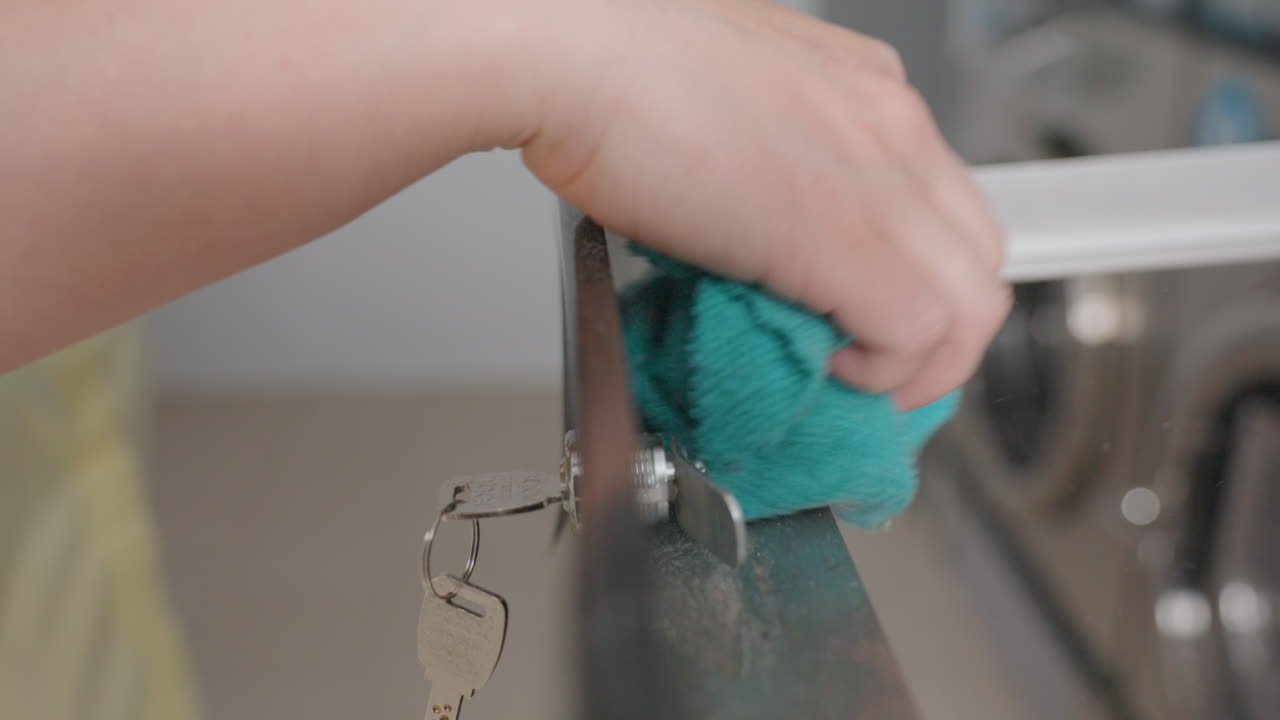 High angle view shows overseer hands wiping inner filter drawer of industrial washing machine with turquoise towel inside laundromat, routine maintenance for hygiene, stainless panel, service process