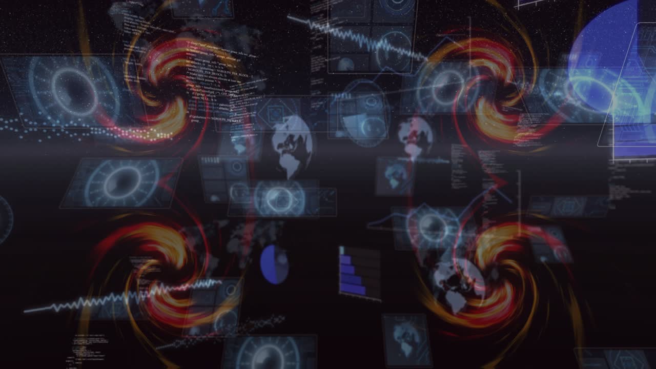 Bagliore centrale che si avvia, vortici rosso-oro che ruotano, pannelli HUD che emergono, visualizzando dati globali.