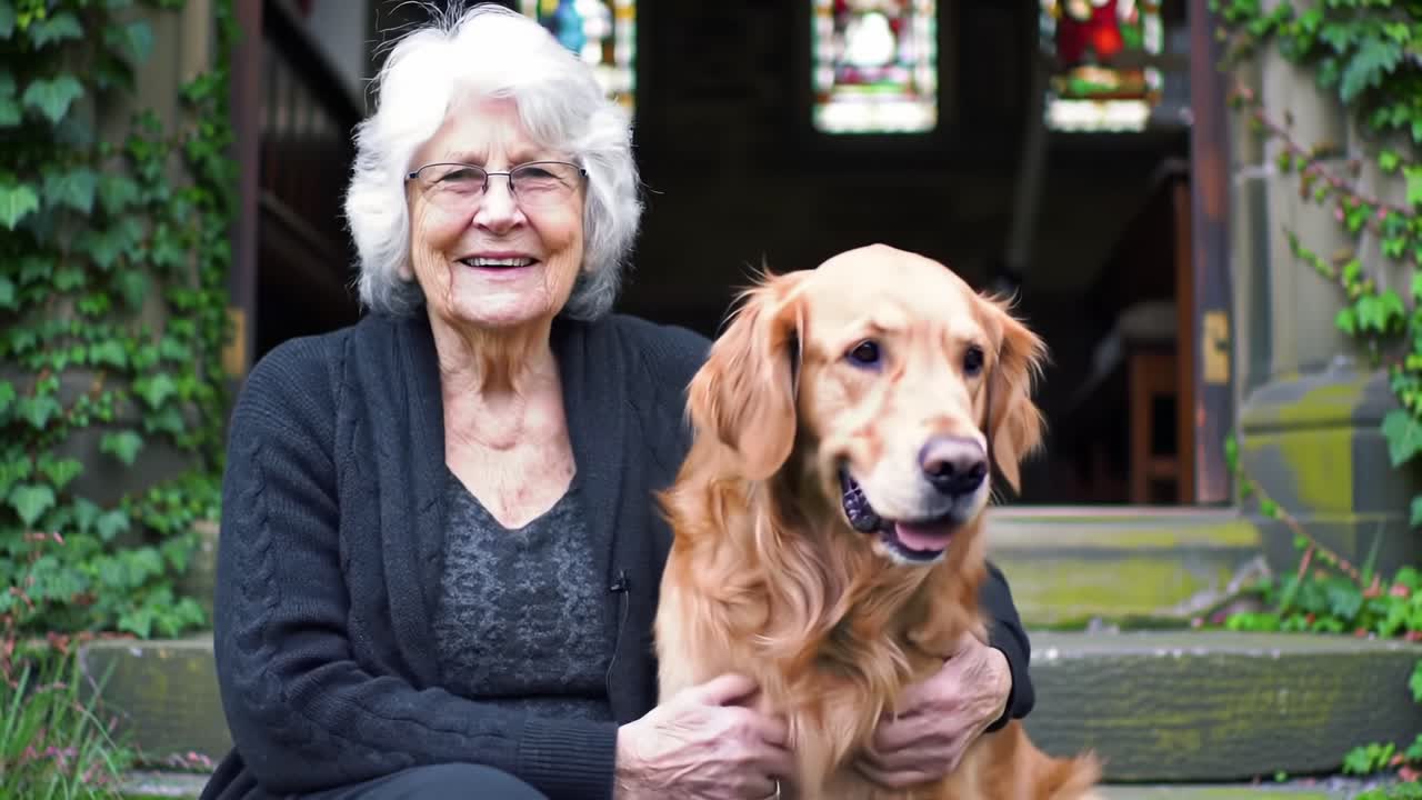 An Endearing Moment: A Grandmother and Her Golden Retriever Enjoying a Heartwarming Afternoon Together at Home Surrounded by Nature's Vibrant Greenery