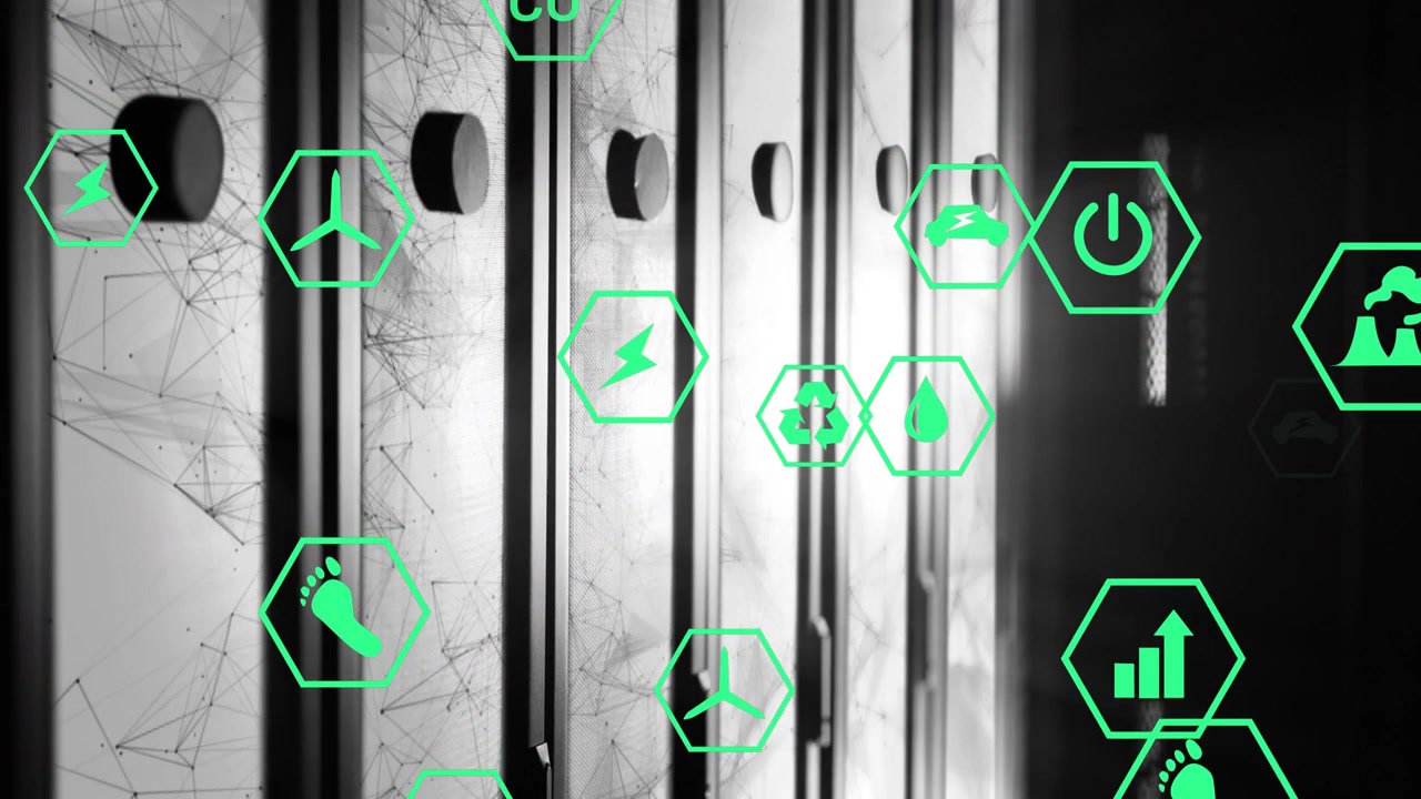 Banda de luz moviéndose a la derecha en un panel metálico que muestra iconos hexagonales ecológicos emergiendo y formándose, mostrando datos de energía