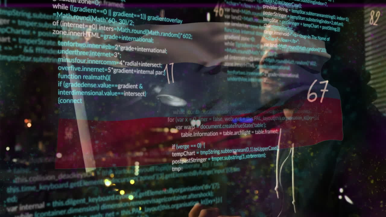 Animation of caucasian male hacker over data processing and flag of russia