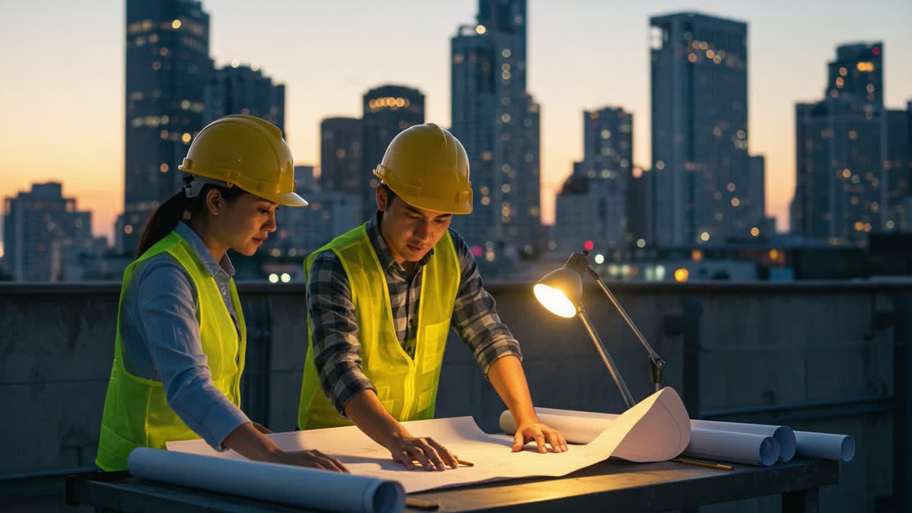 Two construction professionals collaborate on architectural plans by a rooftop at dusk, illuminated by a desk lamp with a city skyline in the background, emphasizing teamwork and innovation