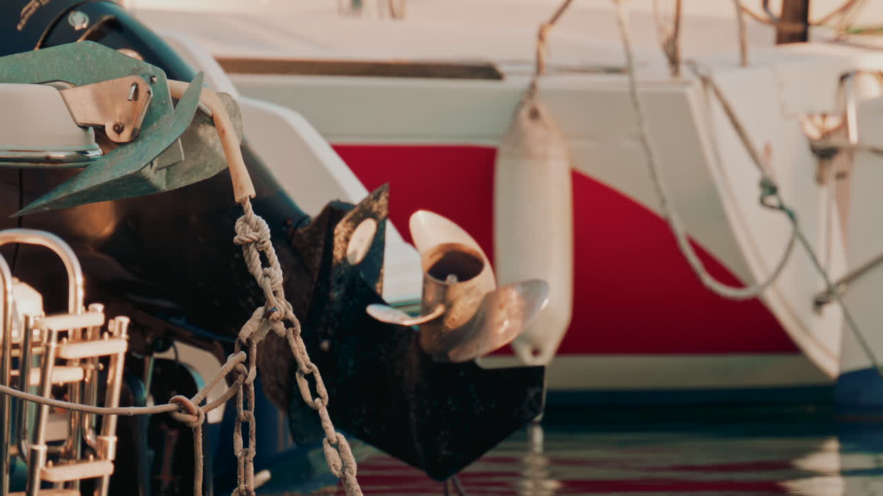 Cinematic shot of a boat propeller near a red hull, reflecting vibrant colors on the water surface