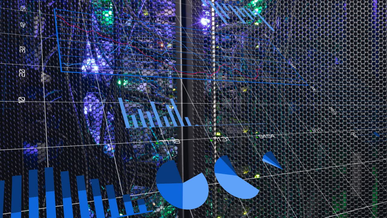 Animation of statistical data processing against close up of a computer server