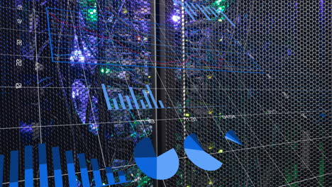 animation of statistical data processing against close up of a computer server