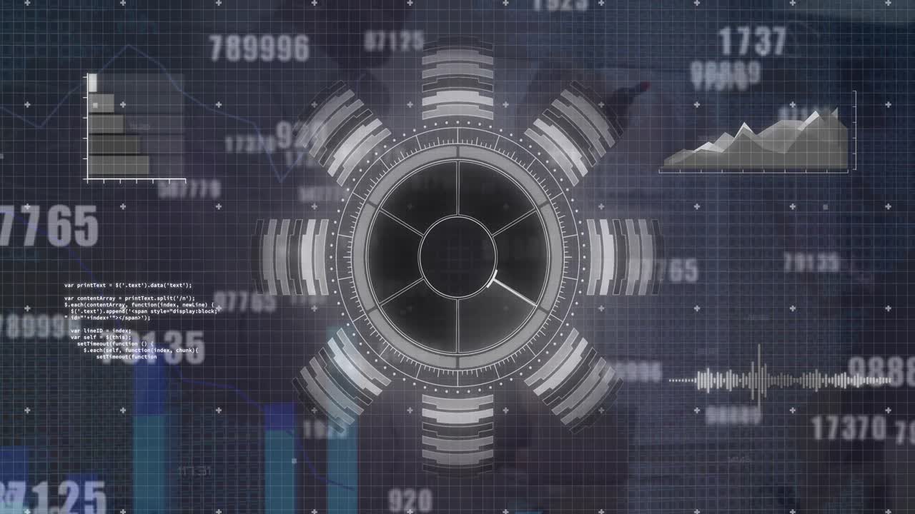 animación de escáner redondo y cambios de números contra el hombre de negocios escribiendo en la pizarra