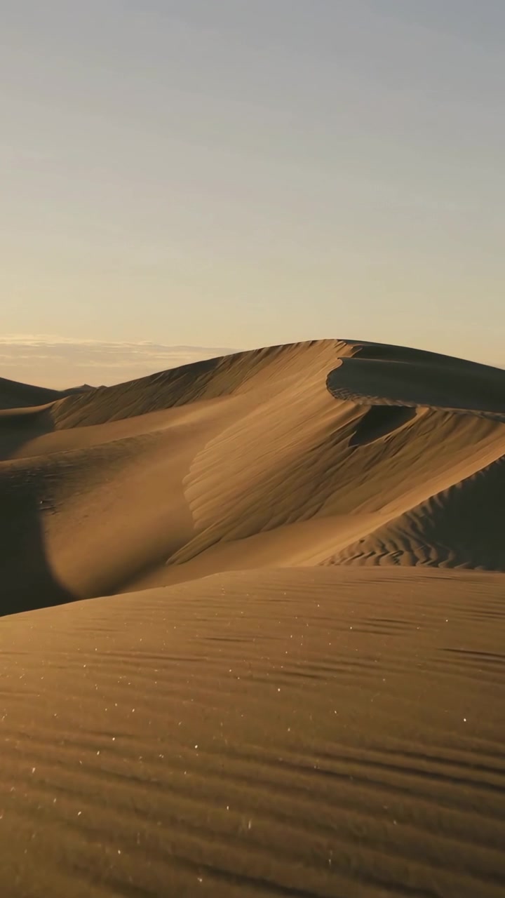 Video verticale: Luce solare mutevole, duna a mezzaluna che mostra increspature e proietta ombre sottovento tra le dune.