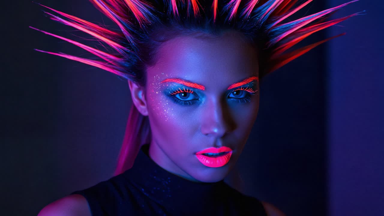 Slående neon-skjønnhet: Et dristig portrett av en modell med levende sminke og spisse hårstriper i et mørklagt miljø for en edgy visuell effekt.