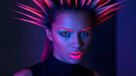 striking neon beauty: a bold portrait of a model with vibrant makeup and spiky hair highlights in a darkened environment for edgy visual impact
