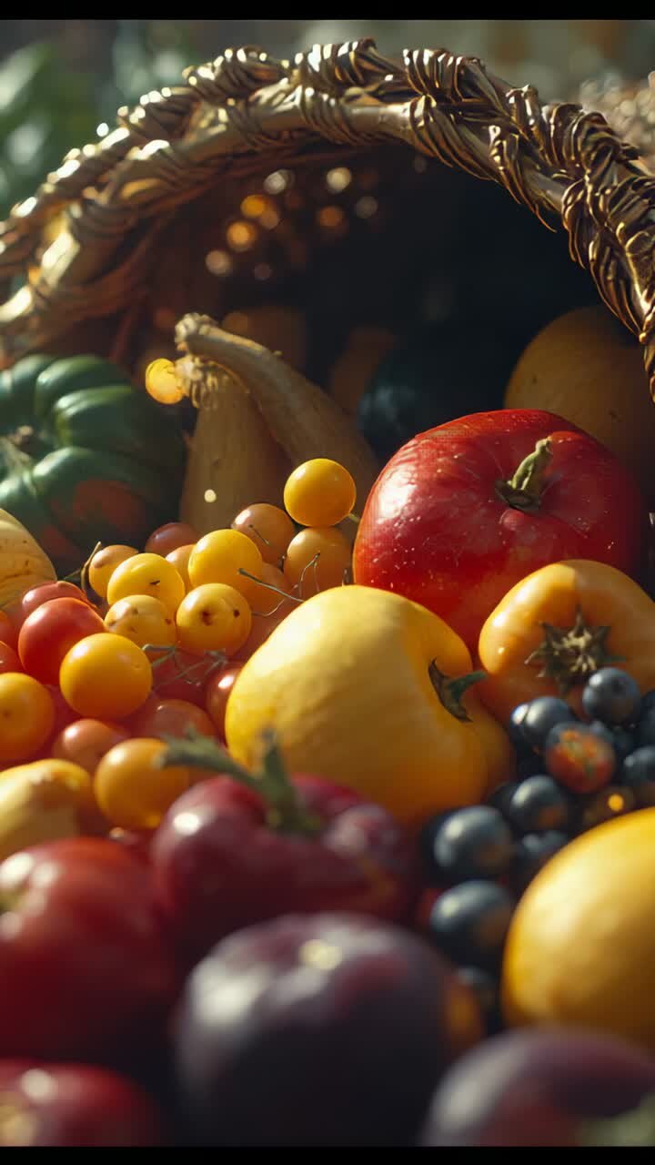 Vertical video: Panning camera revealing basket spilling produce on table, with cherry tomatoes