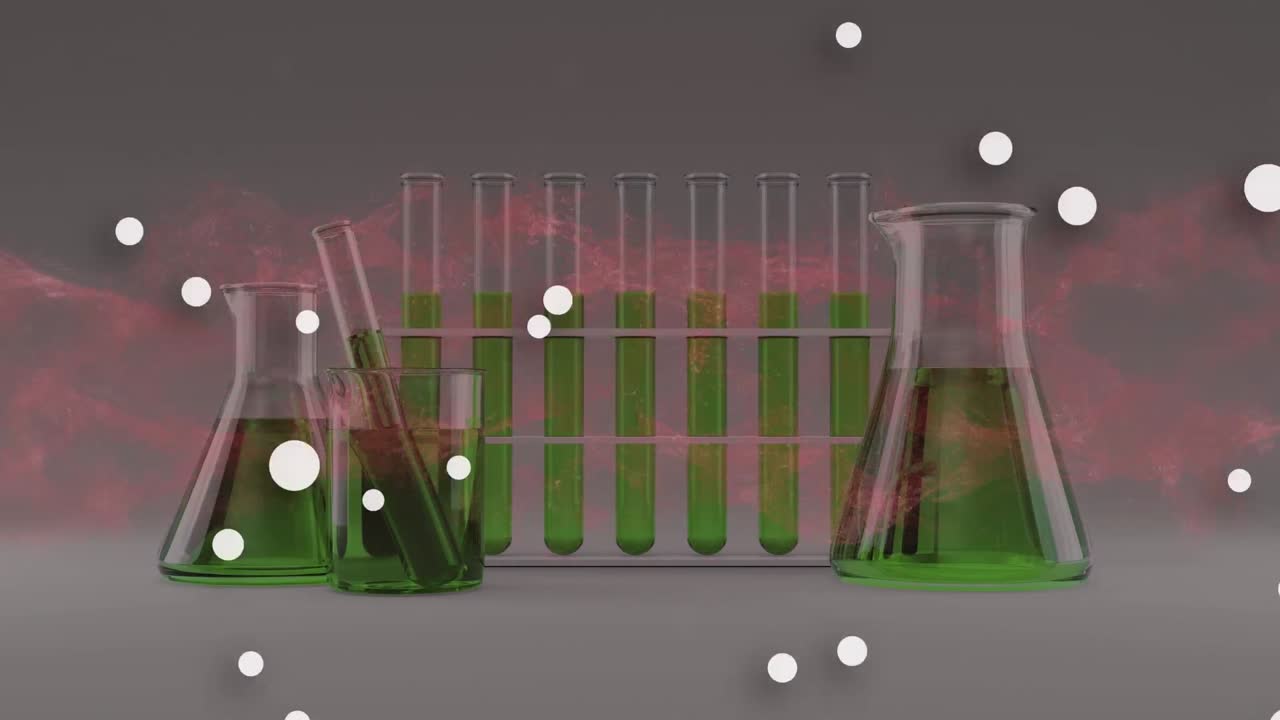 실험실 유리 및 플 위의 점의 애니메이션