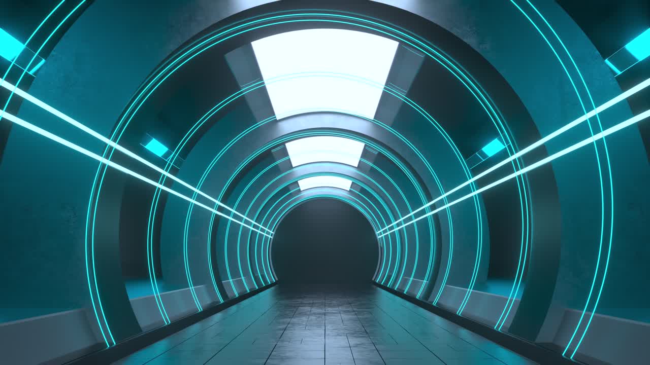 빛나는 네온 조명과 함께 어두운 둥근 터널, 3d 렌더링