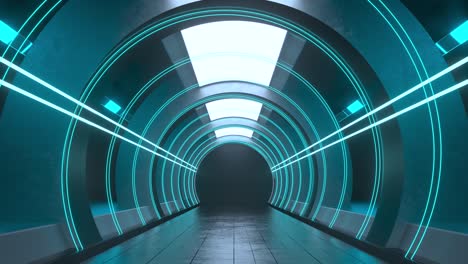 dark round tunnel with glowing neon lights, 3d rendering.