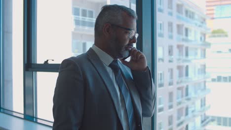 pensive mature business leader standing near window