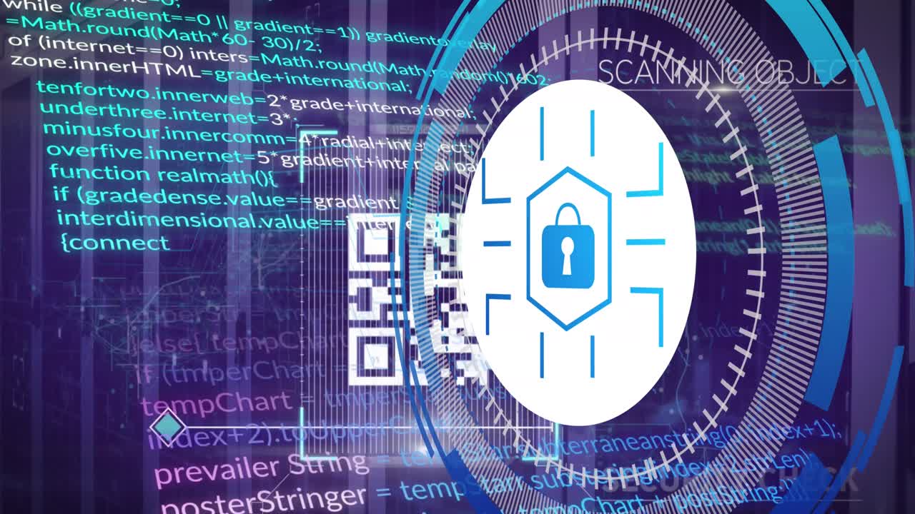 Animation of data processing with padlock icon over server room