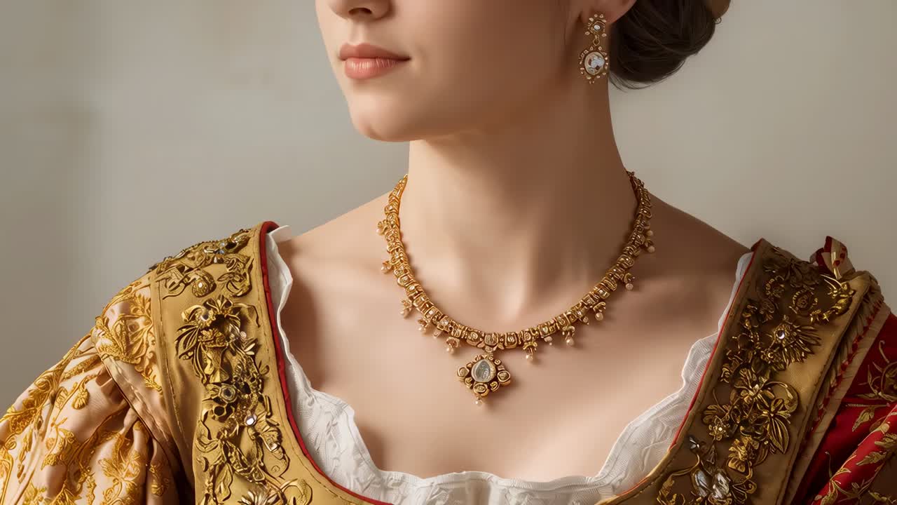 Pulling back, camera revealing sitter in studio wearing gold gown, showing necklace, jeweled bodice