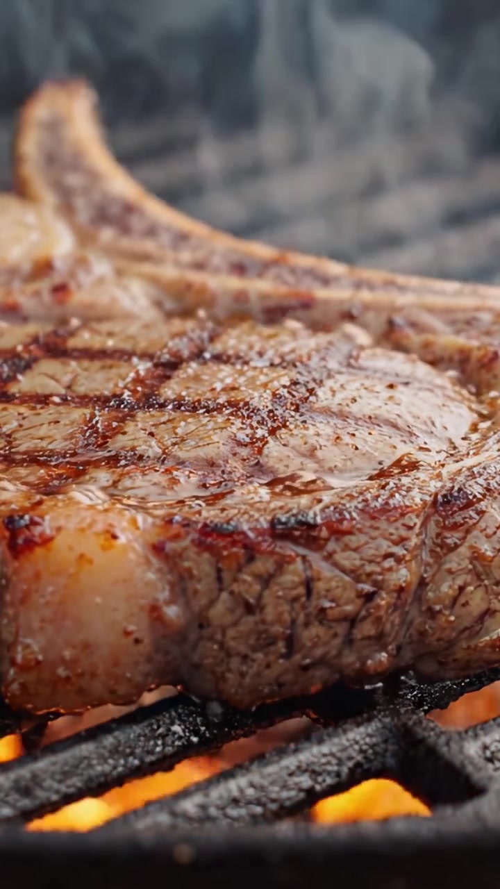 Perfezione sfrigolante: succosa bistecca di ribeye grigliata alla perfezione su una fiamma aperta, che emette aromi saporiti e magnifici segni di griglia.