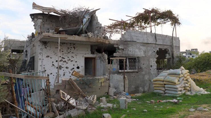 The view in the Gaza Strip shows buildings and houses completely destroyed by Israeli missile attacks