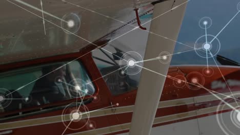 Animation-of-global-network-of-connections-with-aeroplane-in-background