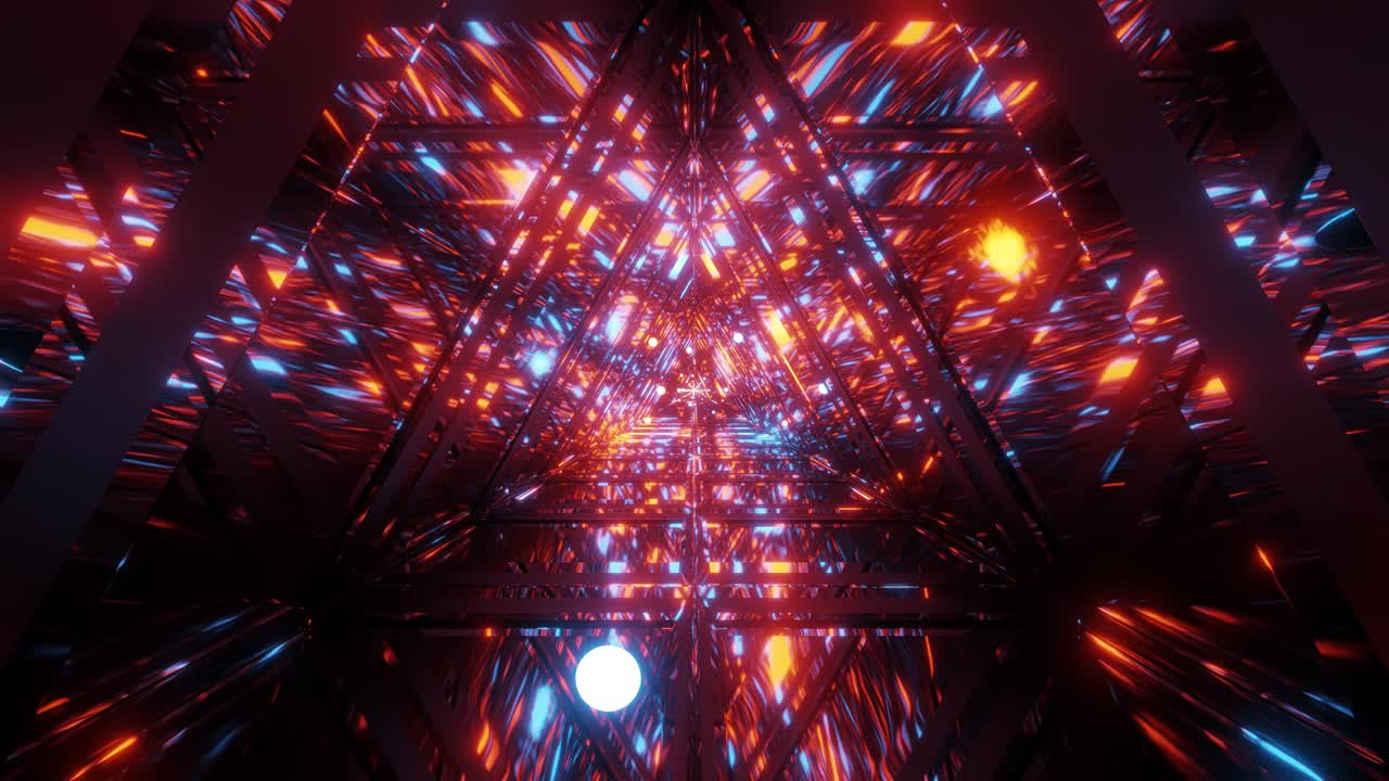 abstracto galaxia reflexión triángulo diseño de túnel de vidrio con partículas de esferas brillantes voladoras ilustración 3d en vivo papel tapiz movimiento fondo club visuales vj bucle