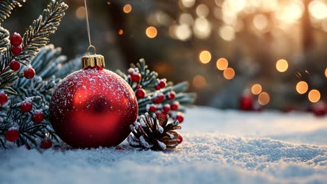 festive red ornament among snowy branches and christmas lights