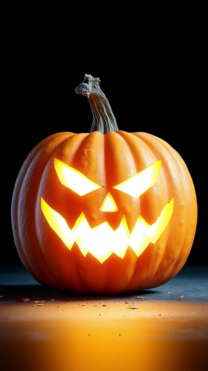 A jack-o-lantern with a scary face carved into it sitting on a table