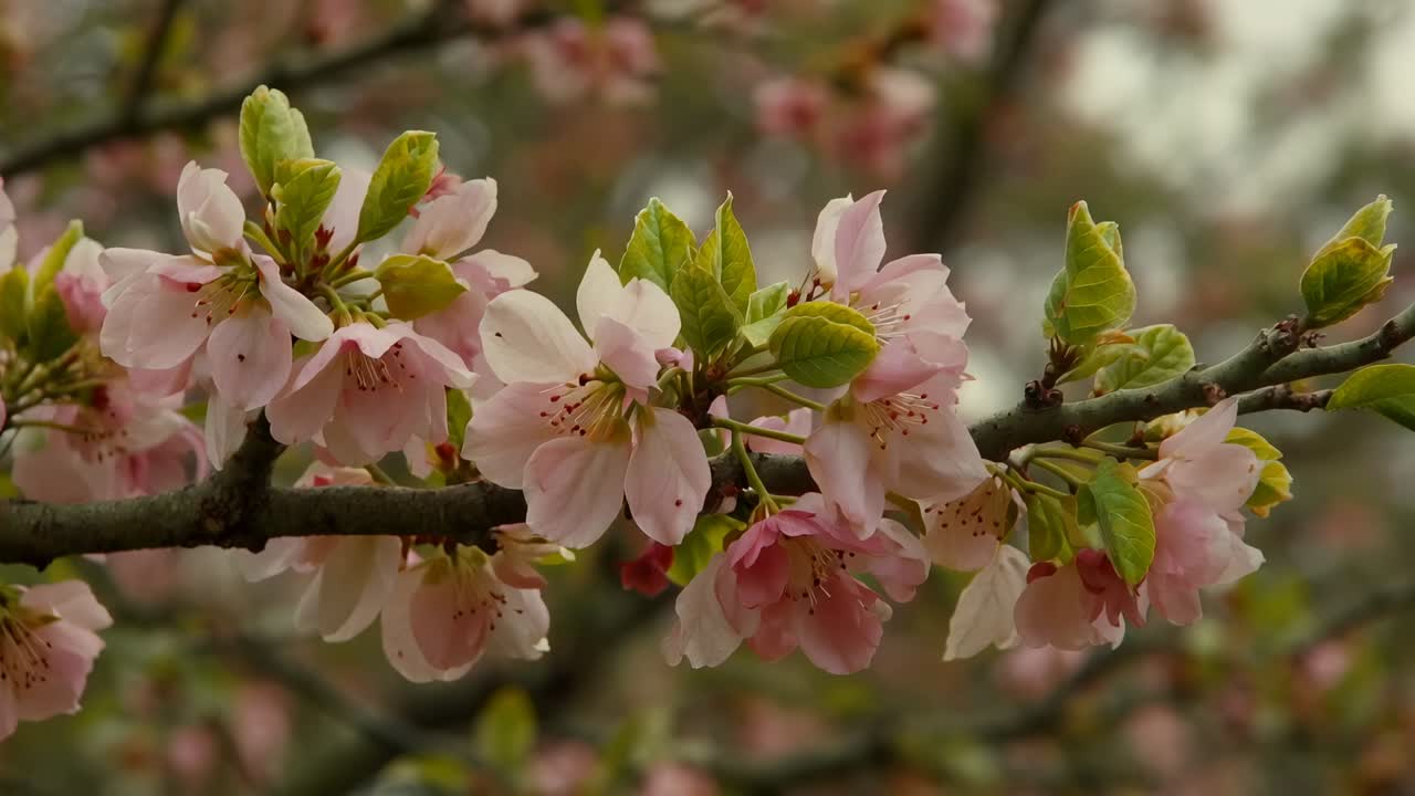 Ramo ondeggiante con fiori rosa pallido e gemme verdi, che lascia cadere petali nella brezza leggera del giardino