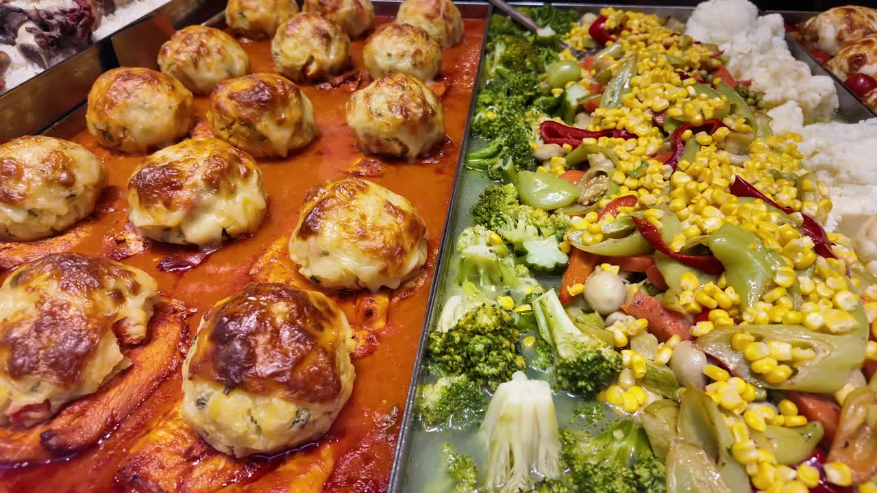 A close-up view of a vibrant buffet spread featuring meatballs in red sauce alongside various cooked vegetables