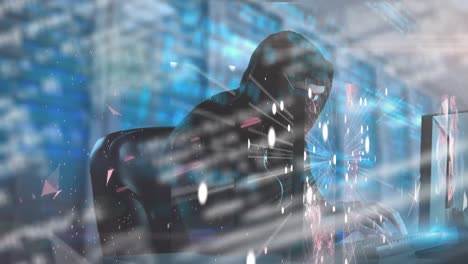 Animation of data and network connections with hooded hacker using laptop in server room