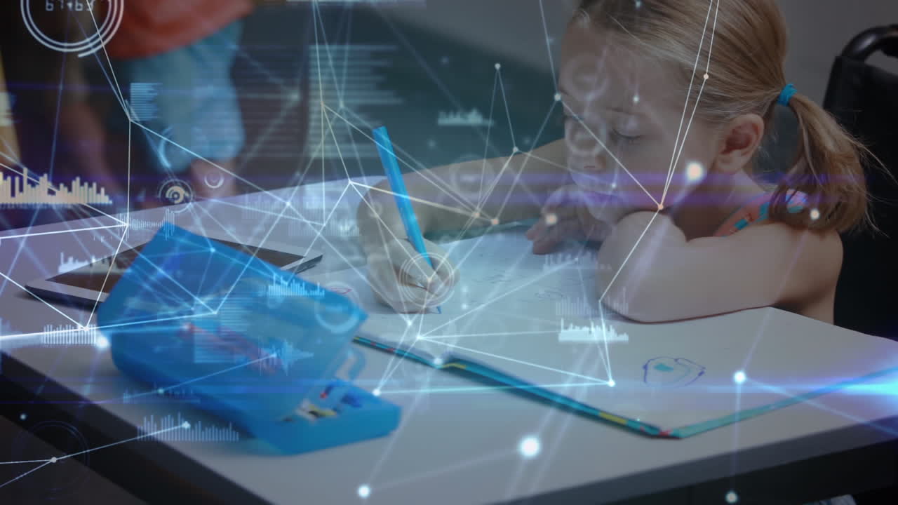 학교의 수업에서 공부하는 백인 소녀에 대한 연결 네트워크와 데이터 처리