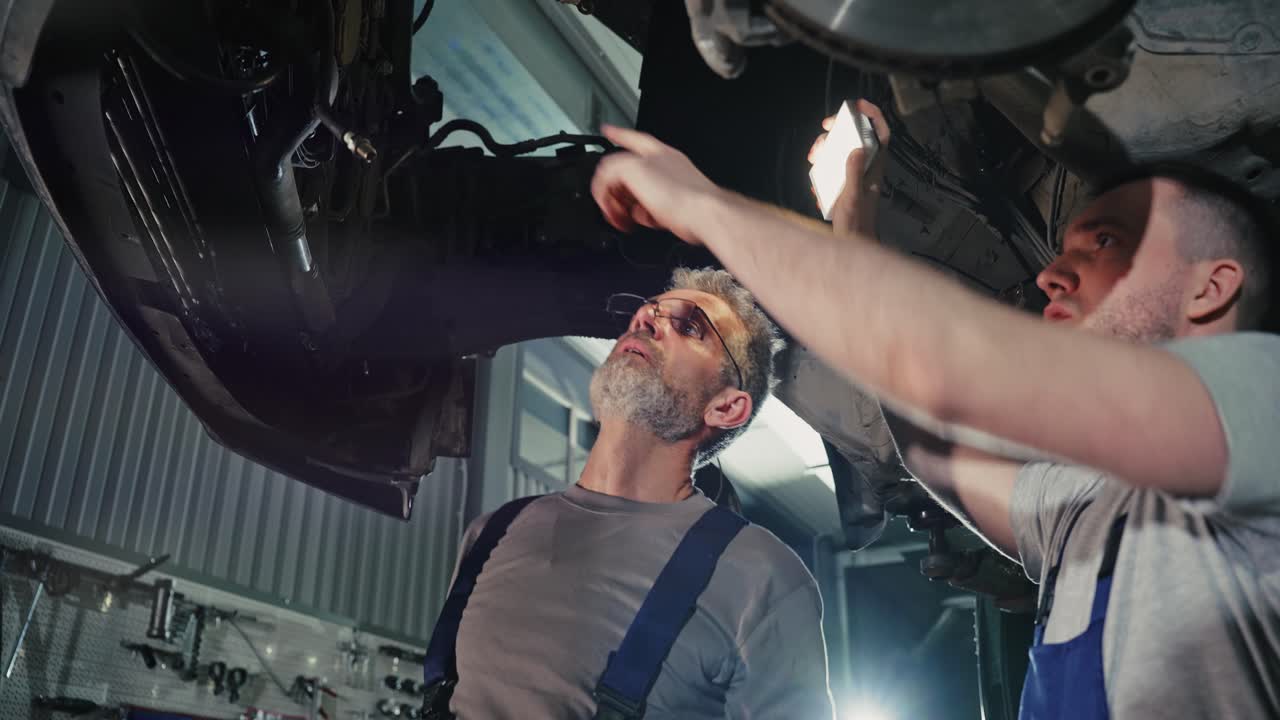 técnicos de reparación de automóviles inspeccionando el tren de aterrizaje