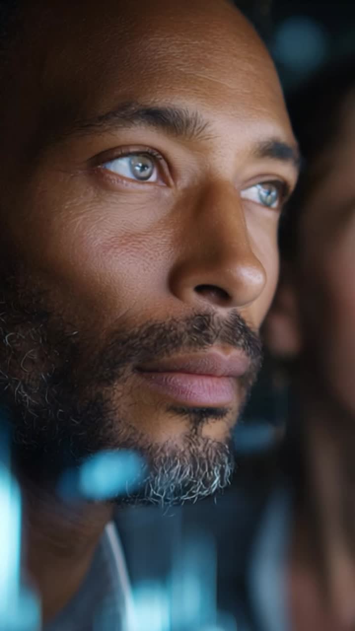 Captivating Expressions: A Close-Up Portrait of a Thoughtful Man with Striking Blue Eyes and a Well-Groomed Beard, Reflecting Contemplation in a Dynamic Setting