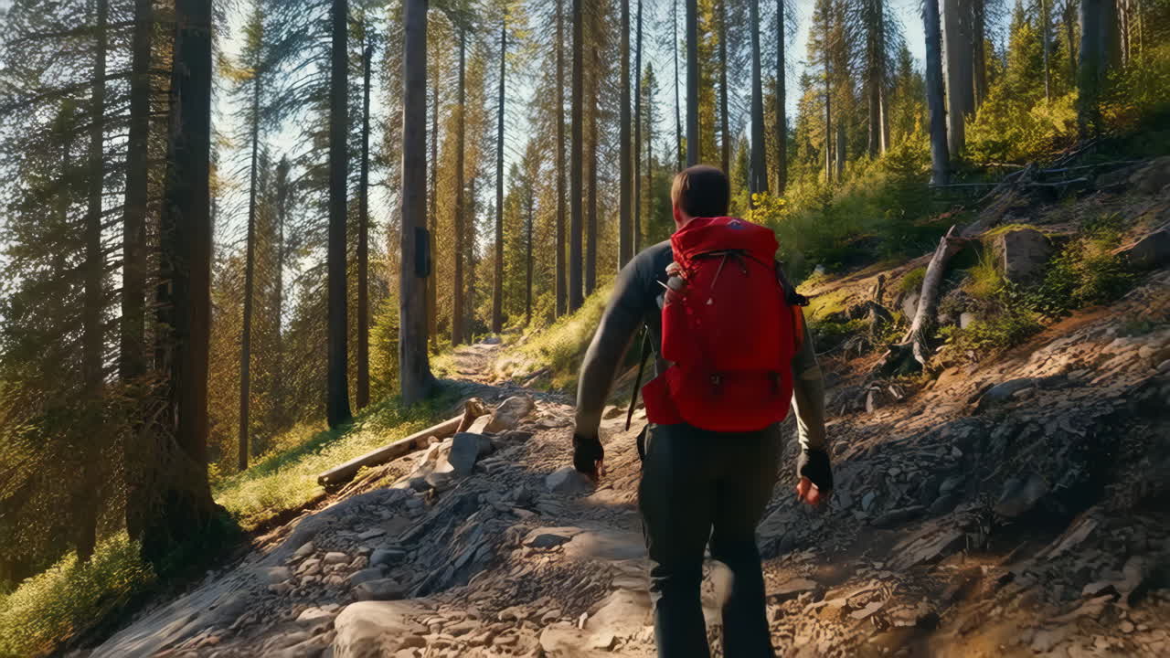 A Hiker with a Red Backpack Walks on a Rocky Trail Through a Sunlit Forest