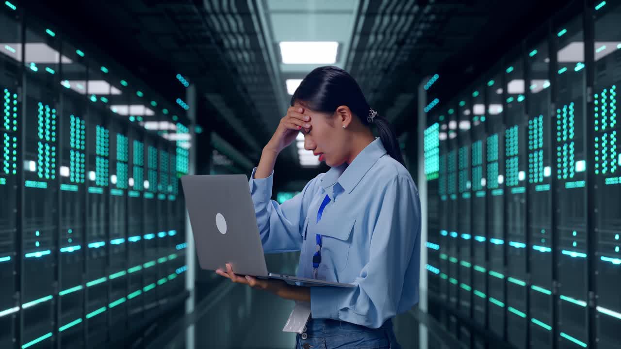 Side View Of Asian Female Professional Worker Use Laptop In Server Room Data Center, She Is Nodding Her Shead With Dissapionted