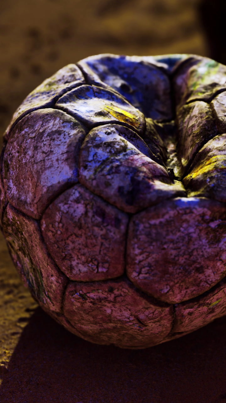 Unique textured ball resting on the ground with vibrant colors and shadows