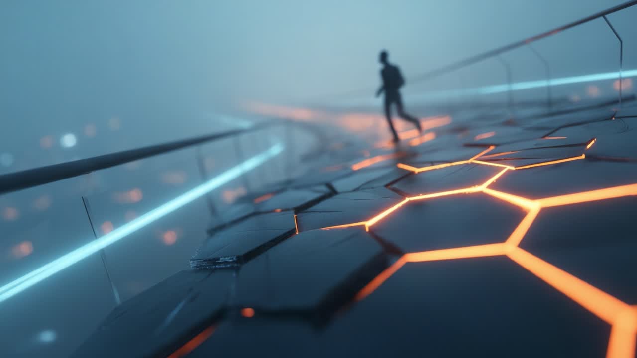 Futuristic Running Path with Neon Hexagons: A solitary figure traverses a glowing, hexagon-patterned pathway in a misty, atmospheric environment suggesting speed and exploration